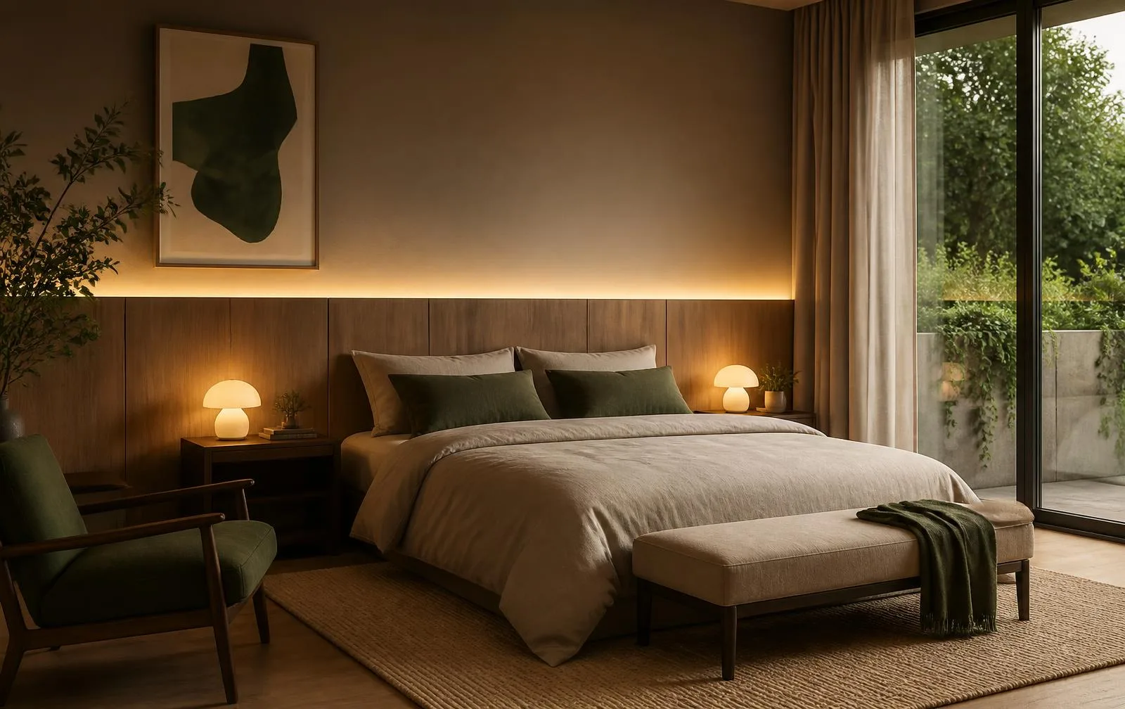 Warmly lit bedroom interior at night