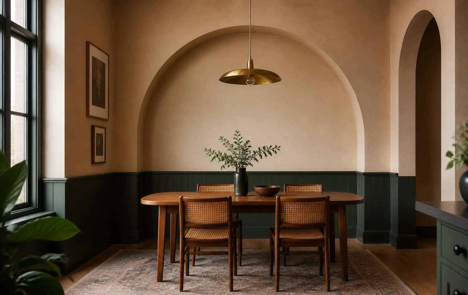 Renovated dining space with arched niche and green wainscoting by Nakshtra Interior